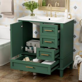 30 Bathroom Vanity , Modern Bathroom Cabinet With Sink Combo Set, Bathroom Storage Cabinet With A Soft Closing Door And 3 Drawers, Solid Wood Frame (Color: Green)