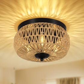 3 Lamp Woven Rattan Recessed Chandelier Lamp Fixture With Handmade Cage Lampshade For Bedroom, Kitchen, Hallway, Porch   Unavailable Platforms- Welfel (Color: Brown)