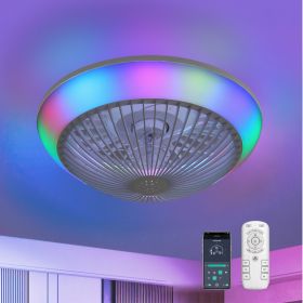 15 Inch RGB Dimmable LED Enclosed Ceiling Fan With Light, Modern Bladeless 6-speed Remote Control Suitable For Bedrooms, Children's Rooms, Parties (Color: White)