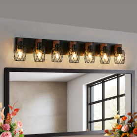 Industrial Vintage 7-Light Wall Sconce - Black Cage Wall Lighting Fixture With Wooden Accents For Bathroom, Hallway, Or Living Room Bulb Not Included (Option: Walnut and black)
